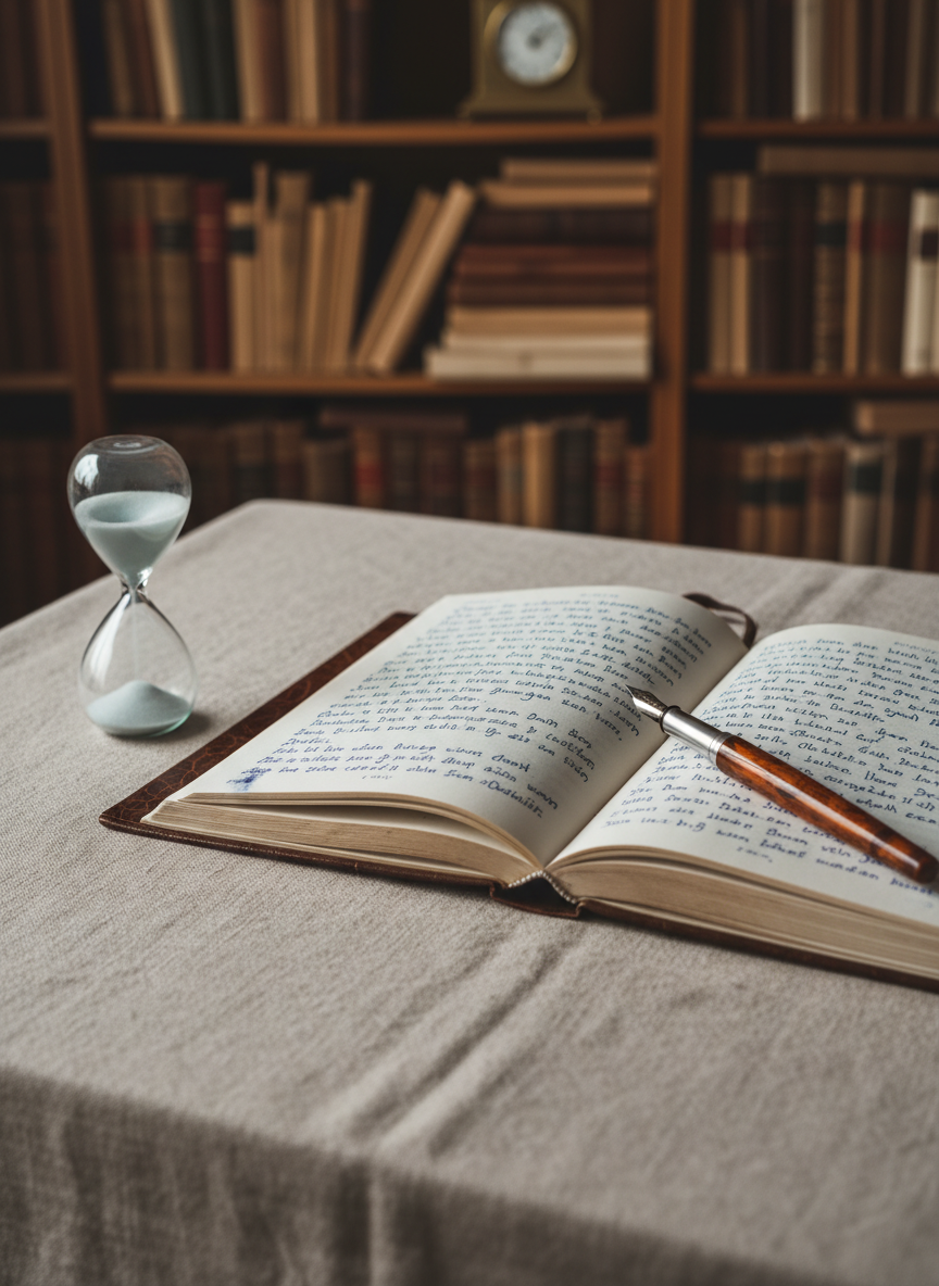 An open hardcover notebook filled with handwritten German verses, the ink slightly smudged at the edges, lies on a linen-covered table beside a cool glass hourglass mid-flow. A fountain pen rests diagonally across the page, its metal nib catching soft, overcast window light. In the blurred background, shelves of well-worn books and a small mechanical clock create depth. The atmosphere is quiet and introspective, ideal for poetry about life and transformation. Photographic realism, captured from a slightly elevated angle using the rule of thirds, with gentle shadows and muted, earthy tones that convey literary sophistication and reflective calm.